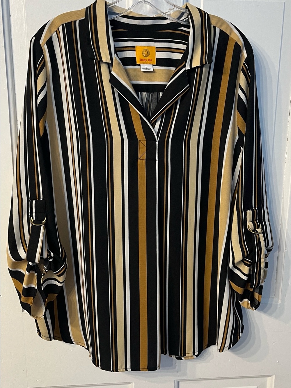 Ruby Rd. Size Large Striped Blouse Black White Tan